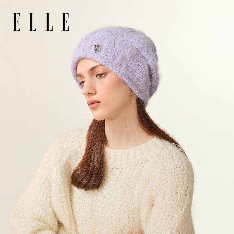 ELLE兔毛针织帽女士保暖含羊毛绞花堆堆帽毛线秋冬季户外百搭帽子,服饰配件/皮带/帽子/围巾,帽子,淘宝优惠券,粉丝福利购,淘宝优惠卷