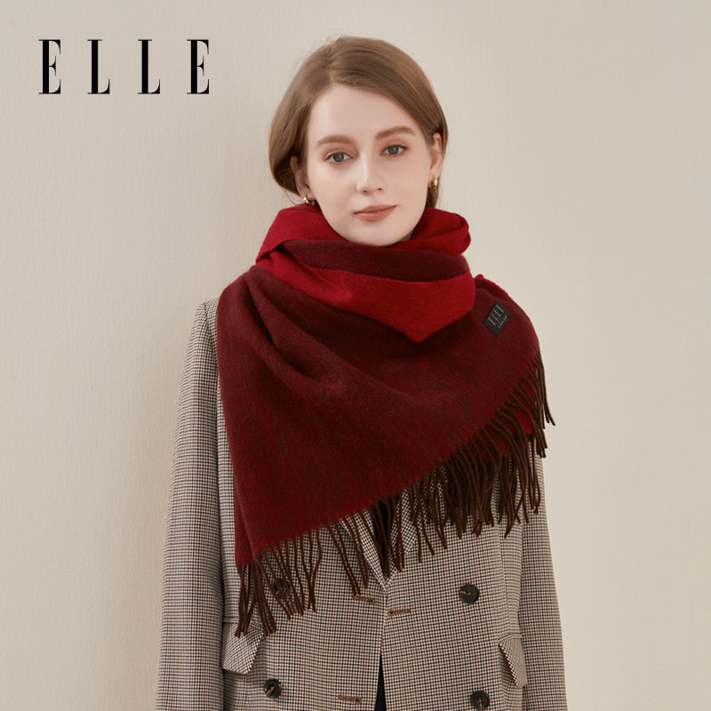 ELLE100%绵羊毛围巾女秋冬季红色百搭披肩加厚保暖围脖生日礼盒装