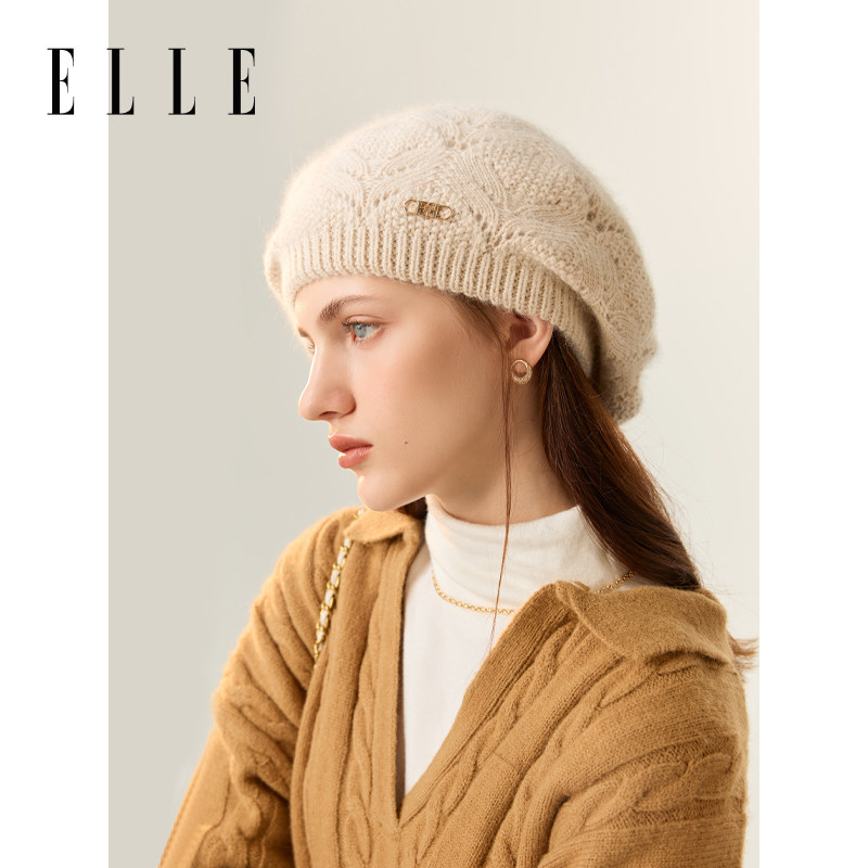 ELLE兔毛针织绞花贝雷帽女士秋冬季户外时尚大头围显脸小画家帽子,服饰配件/皮带/帽子/围巾,帽子,淘宝优惠券,粉丝福利购,淘宝优惠卷