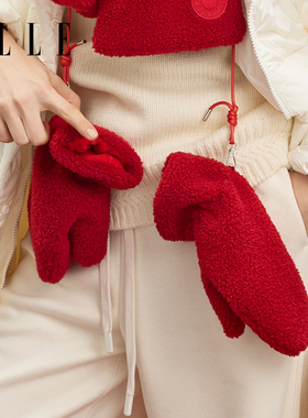 ELLE红色羊羔绒毛绒手套女士秋冬季户外保暖连指包指加绒新年元旦