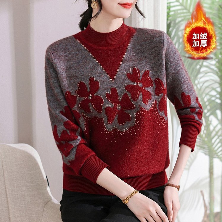 2025新款妈妈加绒加厚红色毛衣秋冬中老年女冬装冬天保暖打底衫