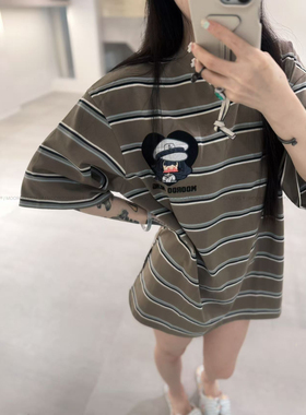 mooroo meng新品原创刺绣图案条纹圆领纯棉宽松短袖上衣