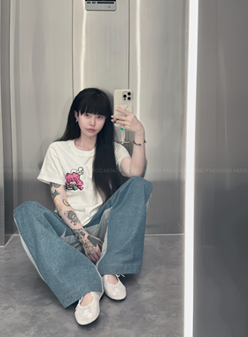 mooroo meng新品原创竹节棉花花刺绣图案圆领纯棉短款短袖上衣