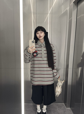 mooroo新品樱桃酱酱原创刺绣条纹polo纯棉宽松长袖上衣