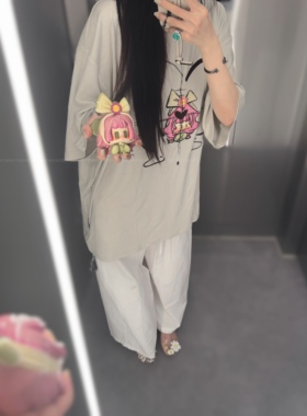 MOOROO原创小众设计感stop酱灰绿色短袖T恤女宽松轻薄圆领上衣