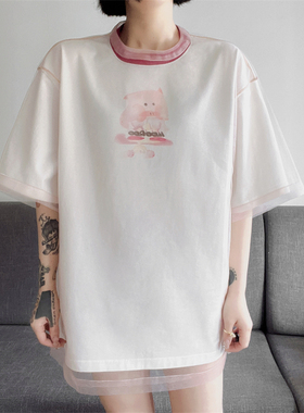 MOOROO独家夏季新品原创“拳击猪”纯棉宽松圆领印花领口撞色半袖