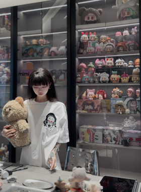 mooroo meng新品原创刺绣图案竹节棉白色圆领纯棉宽松短袖上衣