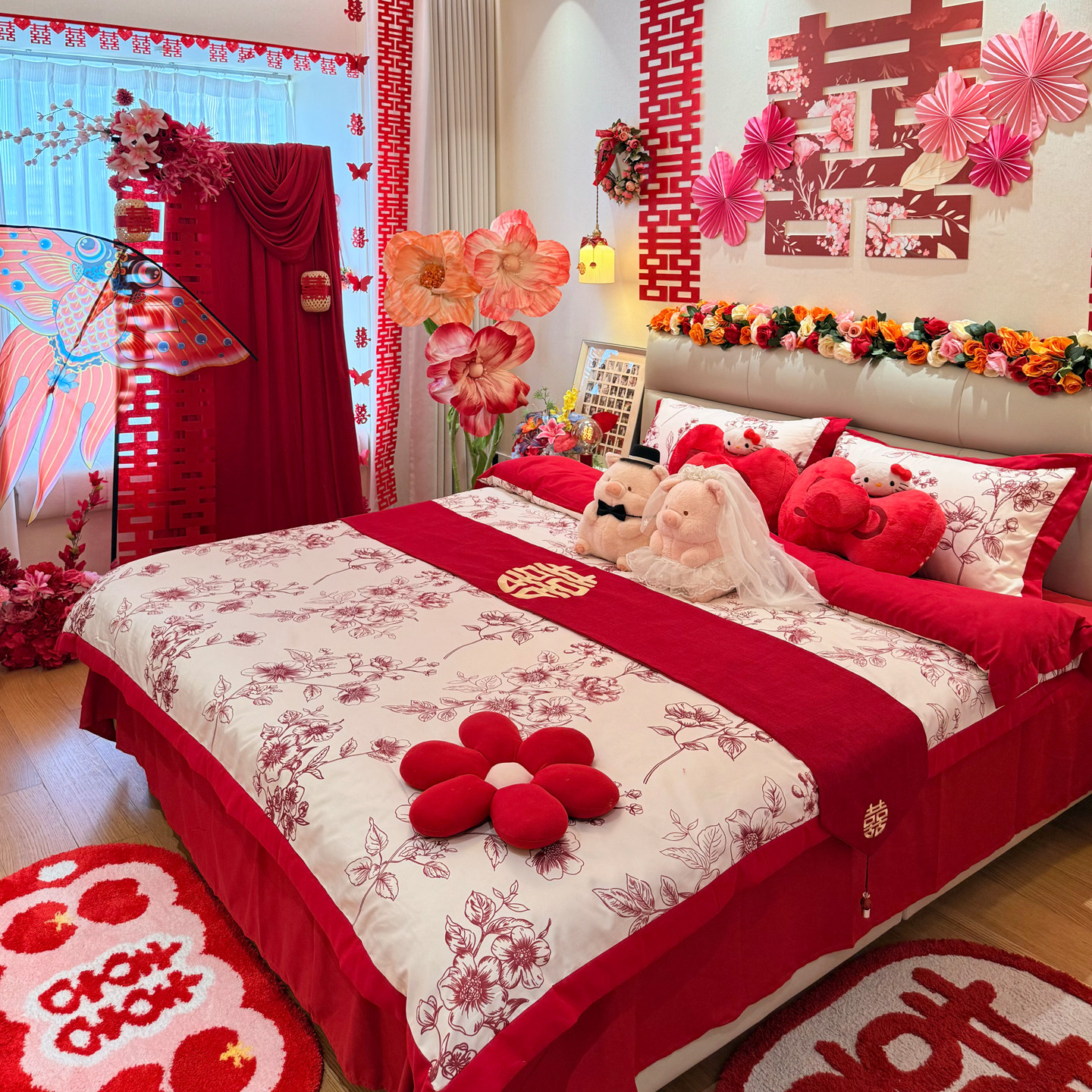 高档新中式印花结婚四件套红色喜被新婚被套婚庆床单陪嫁婚房床品