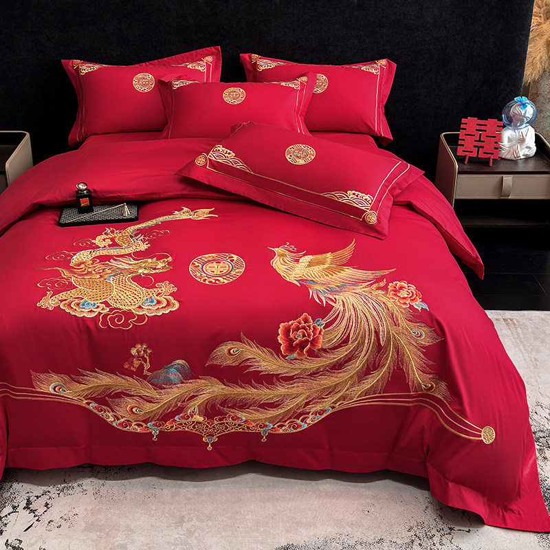 高档龙凤刺绣婚庆四件套新婚红色喜庆纯棉被套结婚房陪嫁婚嫁床品