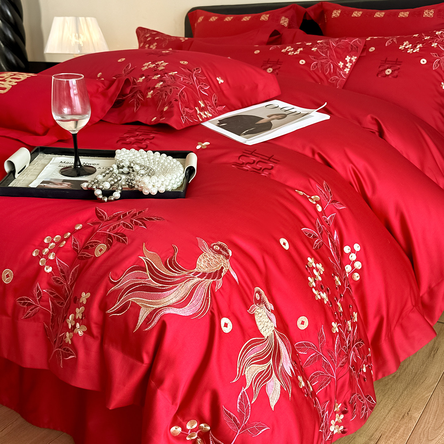 新婚红色锦鲤刺绣婚庆四件套结婚喜庆被套床单陪嫁婚房用床上用品