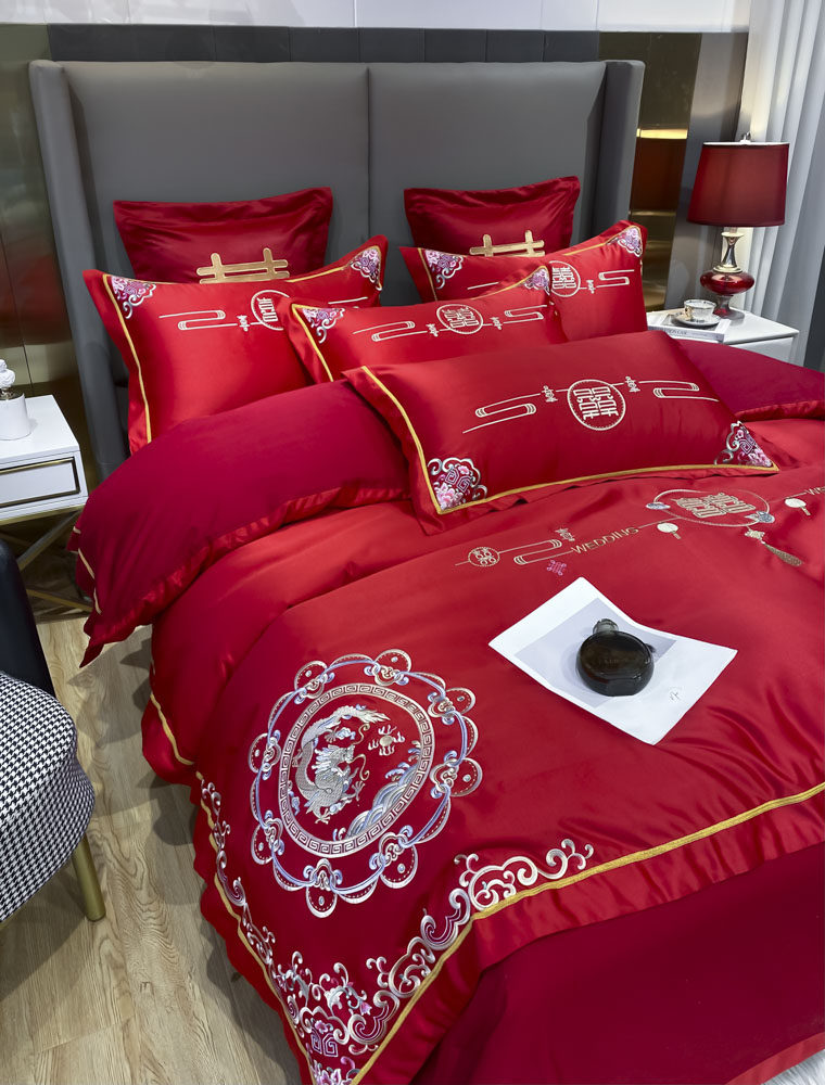 红色结婚龙凤刺绣四件套新中式婚庆全棉纯棉婚房陪嫁床上用品床笠