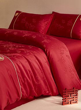 高端中式婚庆纯棉四件套全棉结婚房喜字被套床笠红色新婚陪嫁床品