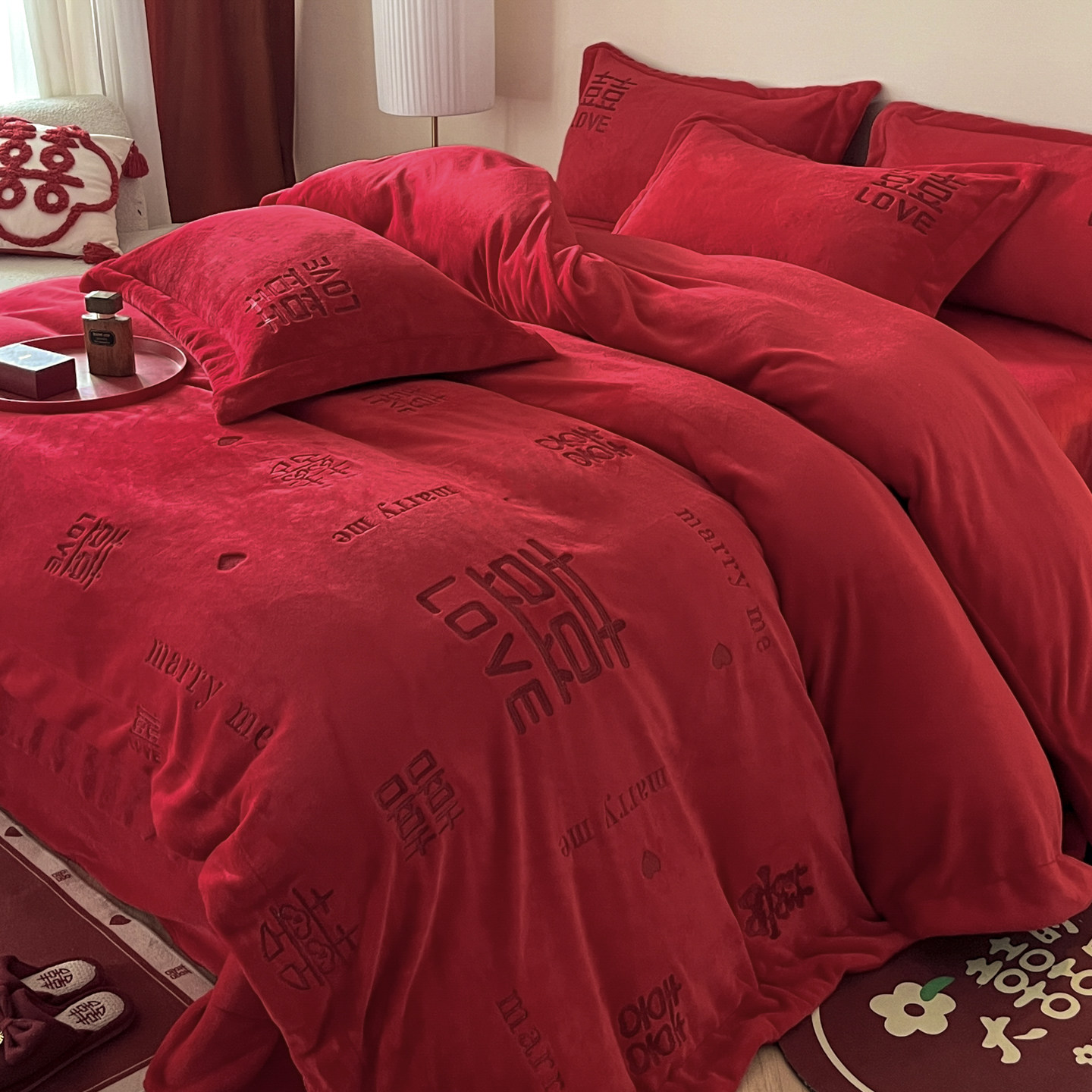 大红色牛奶绒婚庆四件套冬季珊瑚绒新婚陪嫁床单被套加厚加绒床品