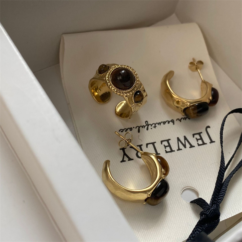 欧美冷淡风虎睛石美拉德色耳环