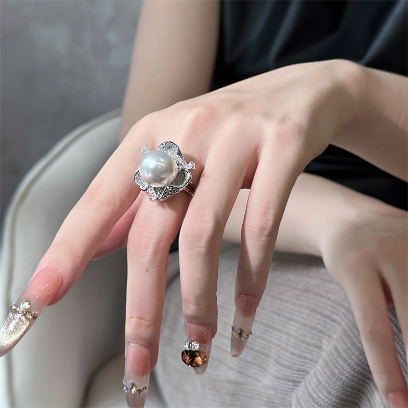 欧美复古高级感 锆石满钻花朵造型小众设计大珍珠开口戒指食指戒