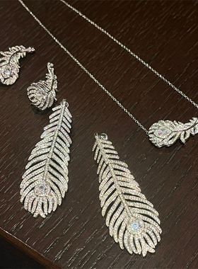 欧美重工羽毛锆石大耳钉耳环项链