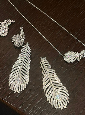 欧美重工羽毛锆石大耳钉耳环项链