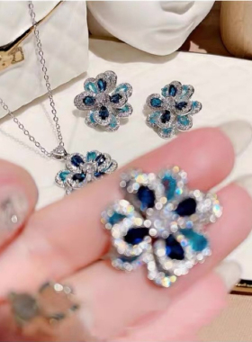 欧美复古蓝宝石山茶花耳钉项链