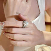 欧美复古气质镂空设计感锆石微镶珍珠精致百搭优雅开口戒指食指戒