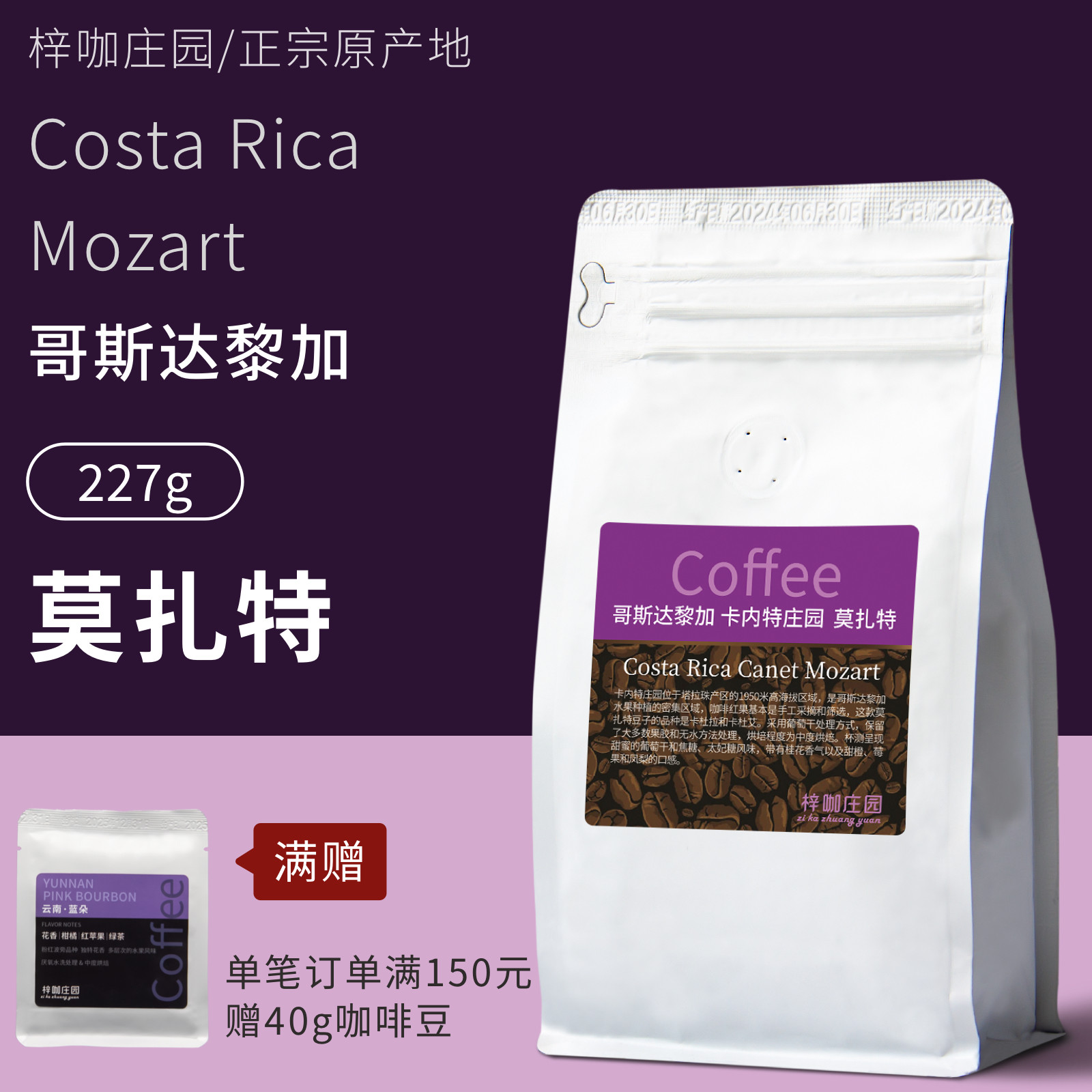 梓咖庄园哥斯达黎加莫扎特葡萄干处理咖啡豆美式手冲咖啡粉227克