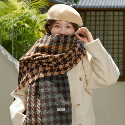 千鸟格围巾女冬季氛围感格子撞色双面仿羊绒围脖男百搭保暖披肩