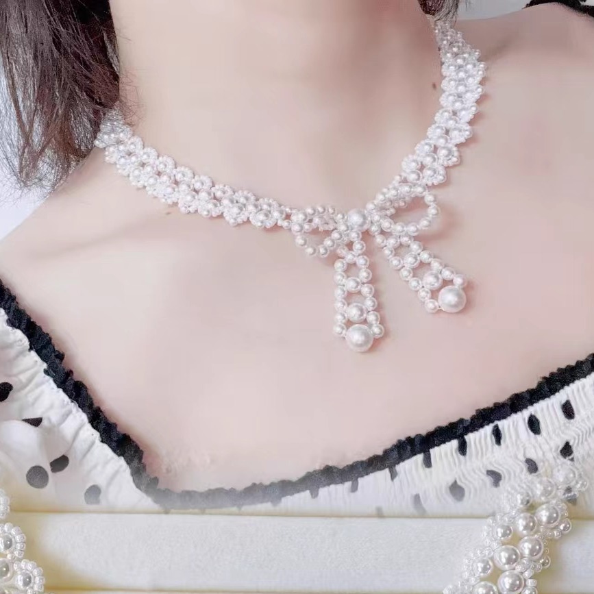 好魅071518天然淡水珍珠项链手工编织款多层颈链精美蝴蝶结锁骨链