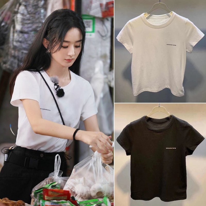 赵丽颖同款aw字母简约基础款印花修身小个子圆领纯棉短袖t恤女