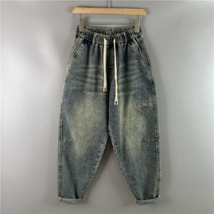 男士 宽松直筒弹力哈伦长裤 牛仔裤 口袋铆钉做旧老爹裤 水洗个性 新款