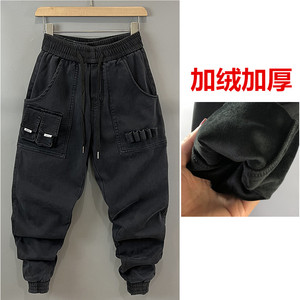 冬季加绒大码牛仔裤休闲水洗男个性口袋小脚宽松工装哈伦裤潮长裤