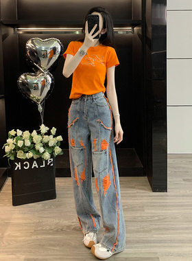 炸街短袖t恤时尚套装女夏季新款修身短款时髦牛仔裤橙色边两件套