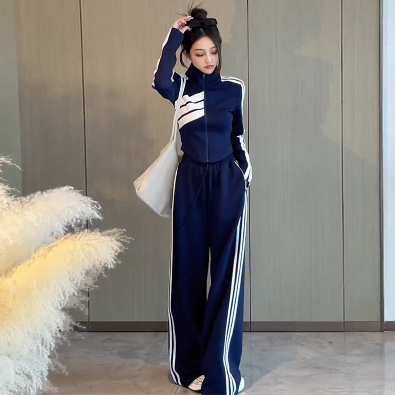 时尚休闲运动套装女新款跑步气质百搭显瘦立领卫衣条纹高腰阔腿裤