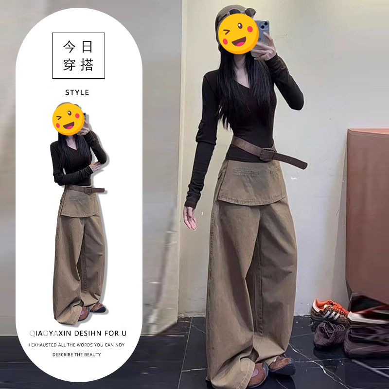 单件/甜酷风气质百搭2025秋冬纯欲辣妹修身v领上衣设计感阔腿裤潮