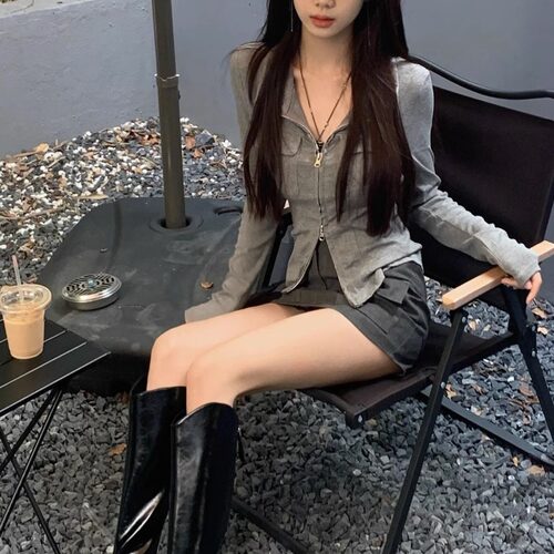 female+pilot灰色短款高级感外套女修身显瘦开衫双拉链纯欲短上衣