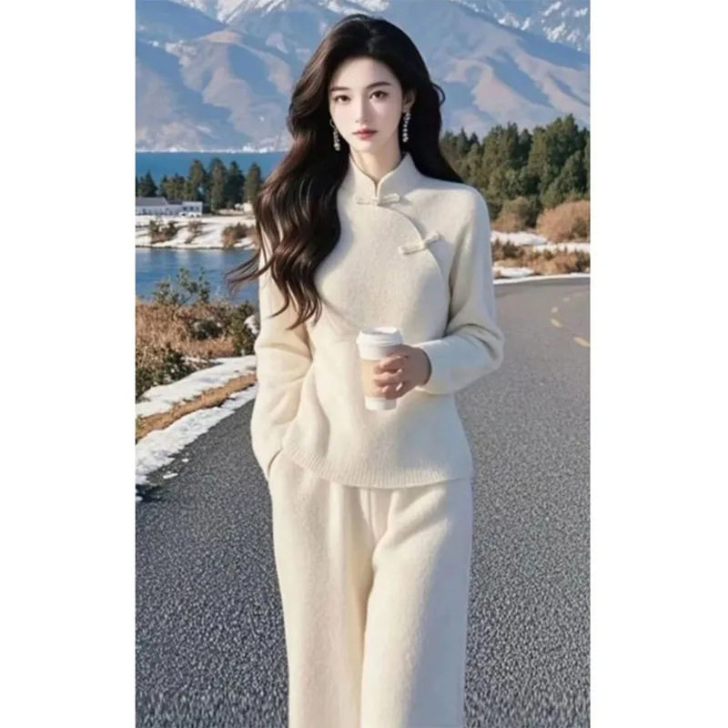 新中式国风休闲气质套装女2026秋冬新款盘扣立领毛衣阔腿裤两件套,女装/女士精品,休闲运动套装,淘宝优惠券,粉丝福利购,淘宝优惠卷