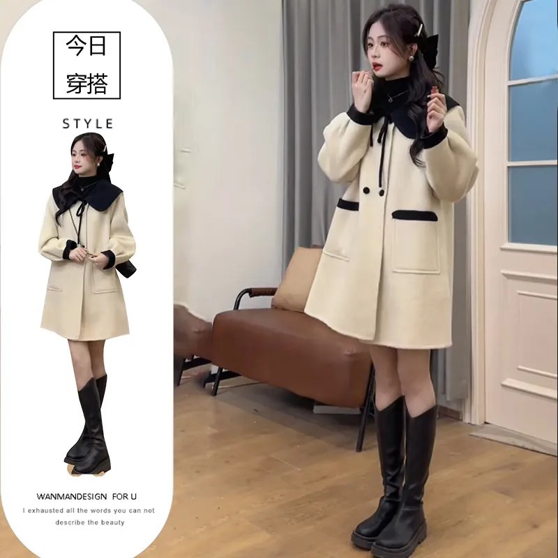 法式小香风米白色外套女2025秋冬新款感中长款双排扣毛呢大衣