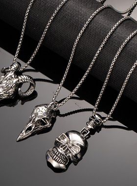 时尚欧美复古暗黑骷髅头项链乌鸦羊头哥特式嘻哈朋克摇滚卫衣链