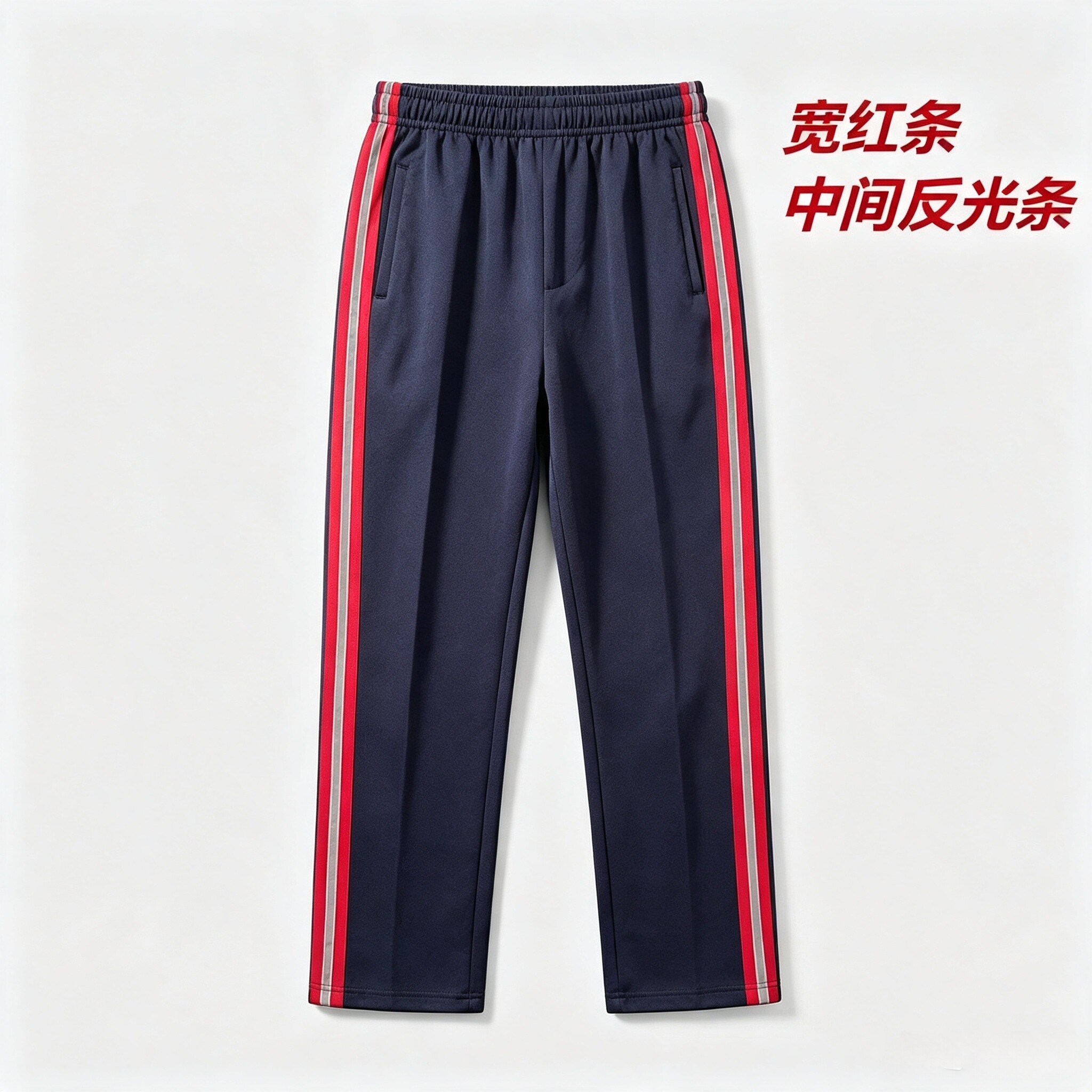 宽红色杠加一道银灰色反光条初高中生小学生校服裤子藏蓝儿童大码