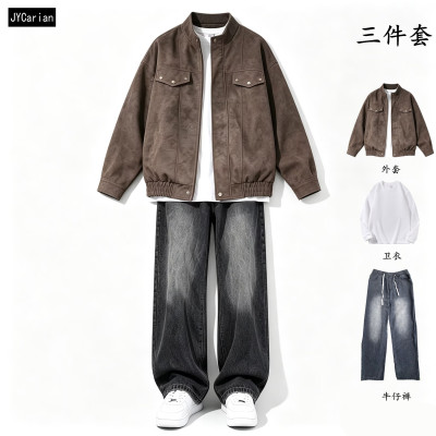 春秋季皮夹克外套男款搭配高街牛仔裤一套男士美式复古休闲套装潮