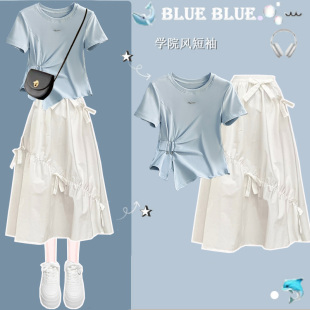 时尚潮流女童纯棉短袖2026年新款洋气时髦套装夏中大童蝴蝶结长裙