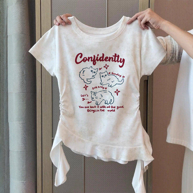 女童超好看爆款短袖t恤2026夏装新款中大童装猫咪印花不规则上衣