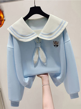 女童加绒加厚卫衣2025新款冬季今年流行爆款中大童超好看蓝色上衣