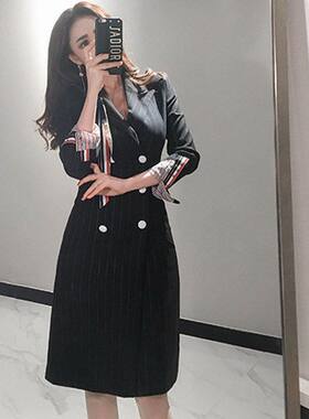 修身新款条纹双排中长款扣气质