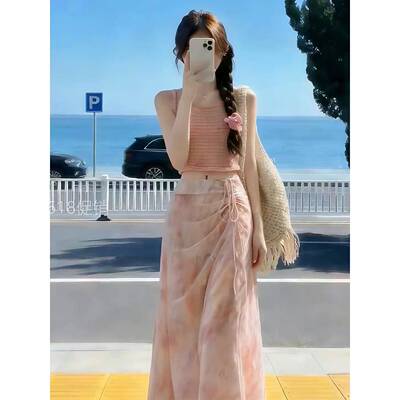 2026新款多巴胺明媚穿搭洋装子女夏季粉色吊带上衣半身长裙套装