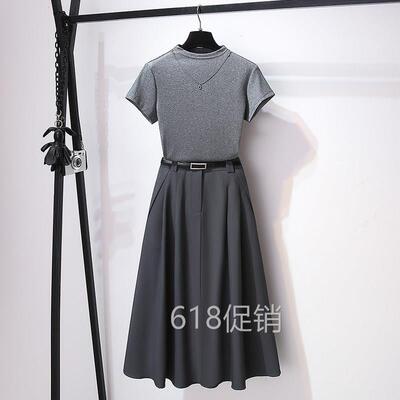 灰色半高领短袖t恤半身裙子女两件式套装2025春夏新款高级感洋装
