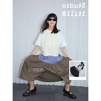 Studio1till8 蓝白格纹/黑灰格纹 拼接假两件宽松长版短袖洋装