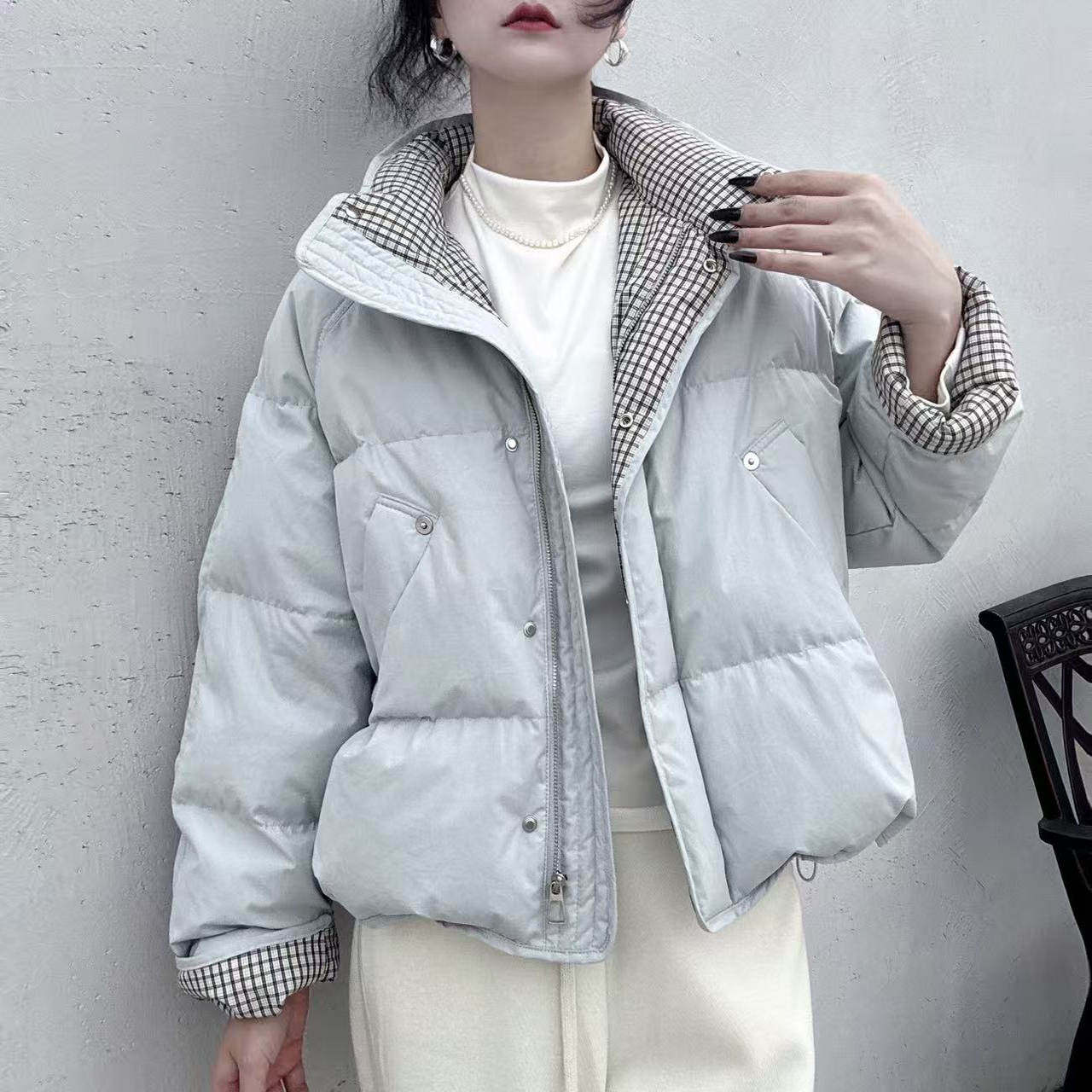 商场正品小个子立领格子洋气白鸭绒羽绒服2025冬季简约宽松外套