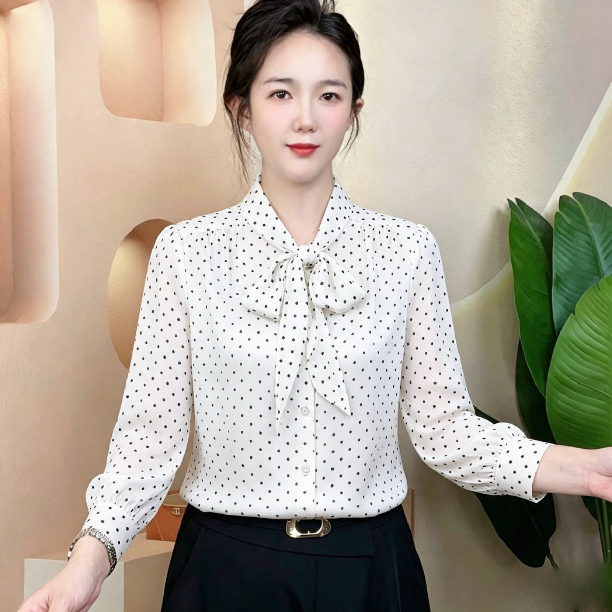2026秋季新款波点长袖衬衫女开衫时尚飘带洋气显瘦衬衣