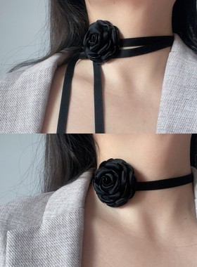 复古暗黑玫瑰山茶花高级感氛围花朵choker系带项链锁骨链装饰配饰