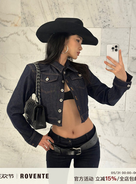 rovente cow girl蓝色牛仔外套女士新款纽扣长袖修身短款正肩上衣