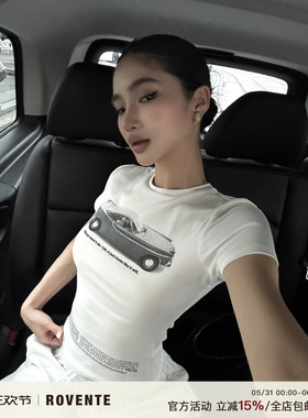 rovente 城市旅人 白色上衣女夏美式辣妹弹力紧身印花圆领短袖T恤
